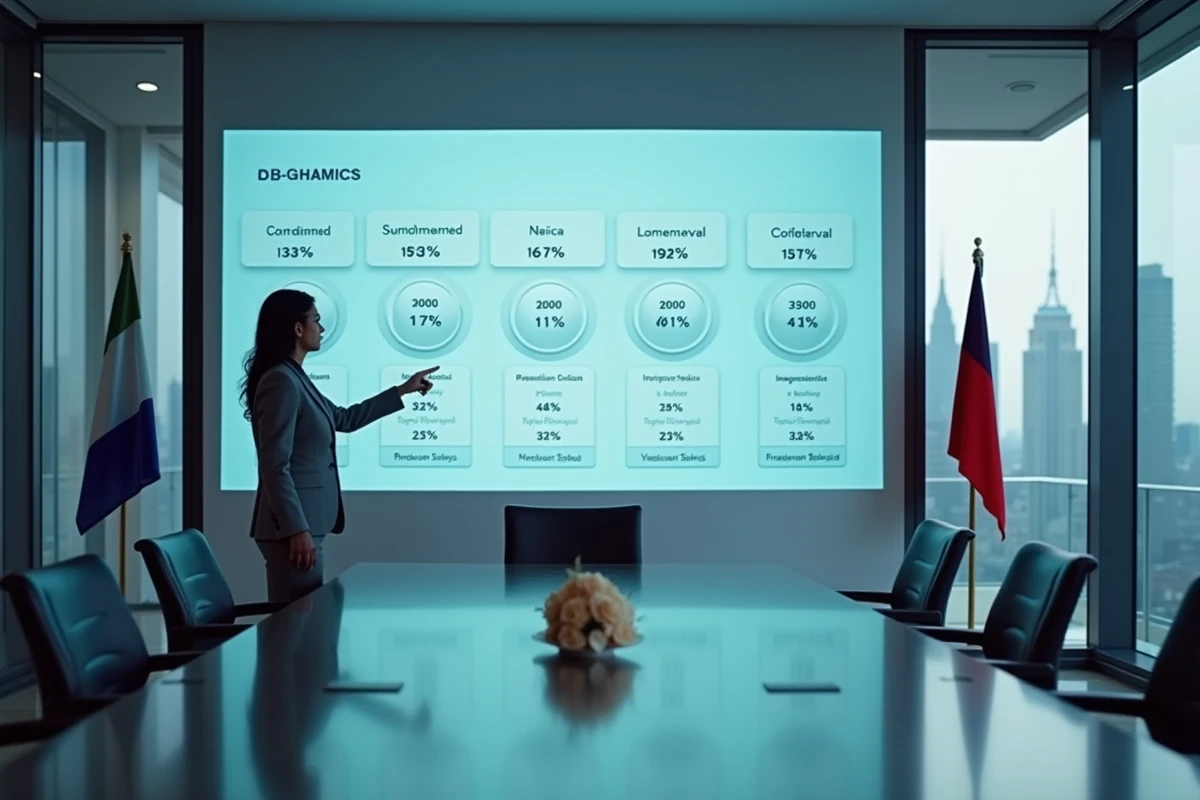 Présentatrice devant une projection comparative du PIB par habitant par pays dans une salle de conférence moderne