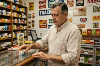 Homme espagnol hésitant devant le prix des cigarettes dans un estanco en Espagne en 2026
