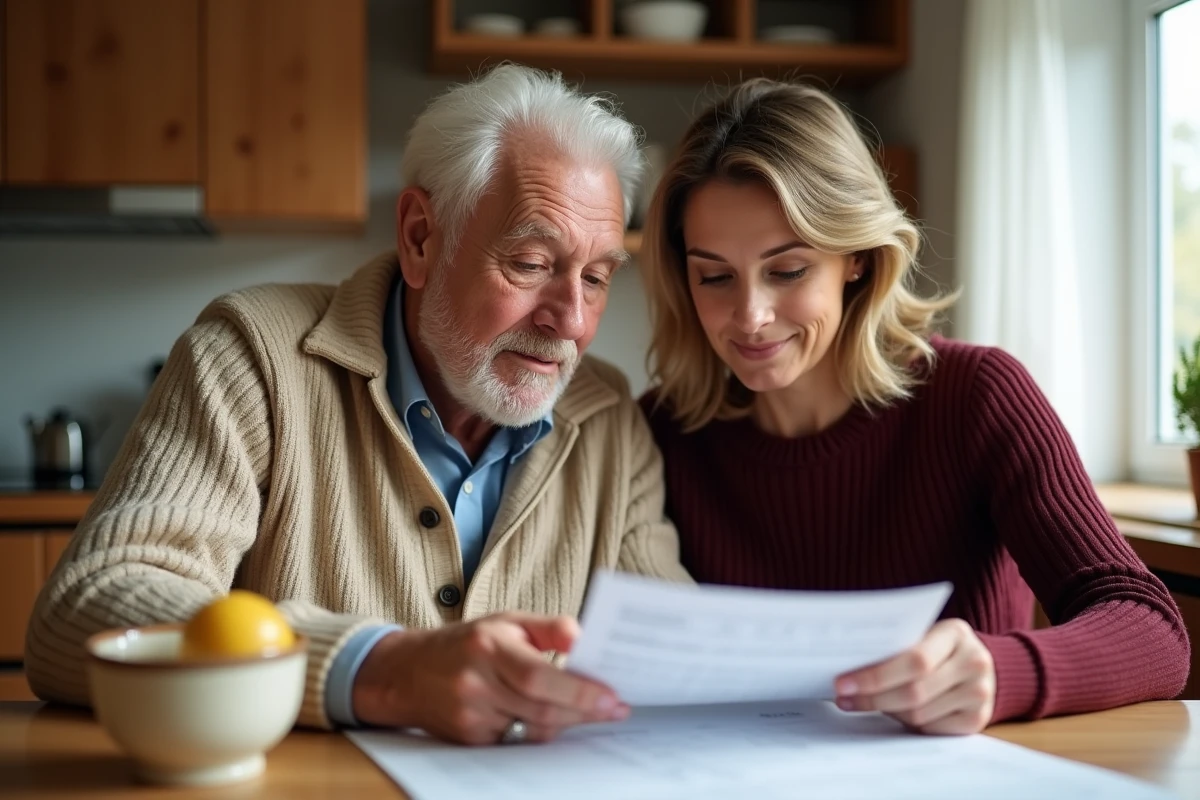 Père âgé et sa fille adulte étudiant ensemble un formulaire de procuration bancaire à domicile