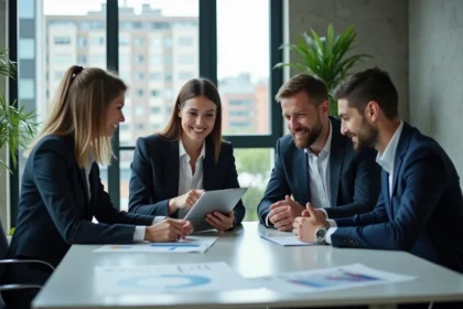 Groupe de professionnels financiers en réunion dans un bureau moderne