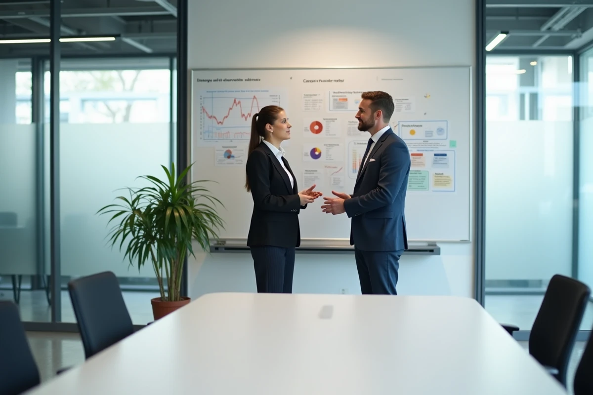Deux professionnels discutant d'une stratégie d'investissement devant un tableau blanc en salle de réunion
