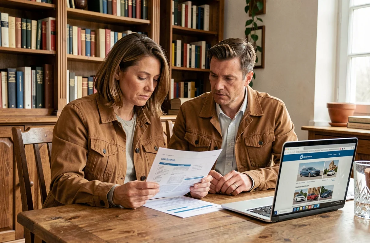 Couple examinant un comparatif d'assurance auto Réassurez-moi à leur domicile
