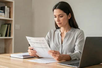 Femme consultant un relevé bancaire à son bureau pour régulariser un compte Cofidis