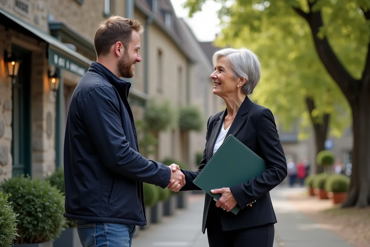 Homme et femme se serrant la main devant un bâtiment ancien