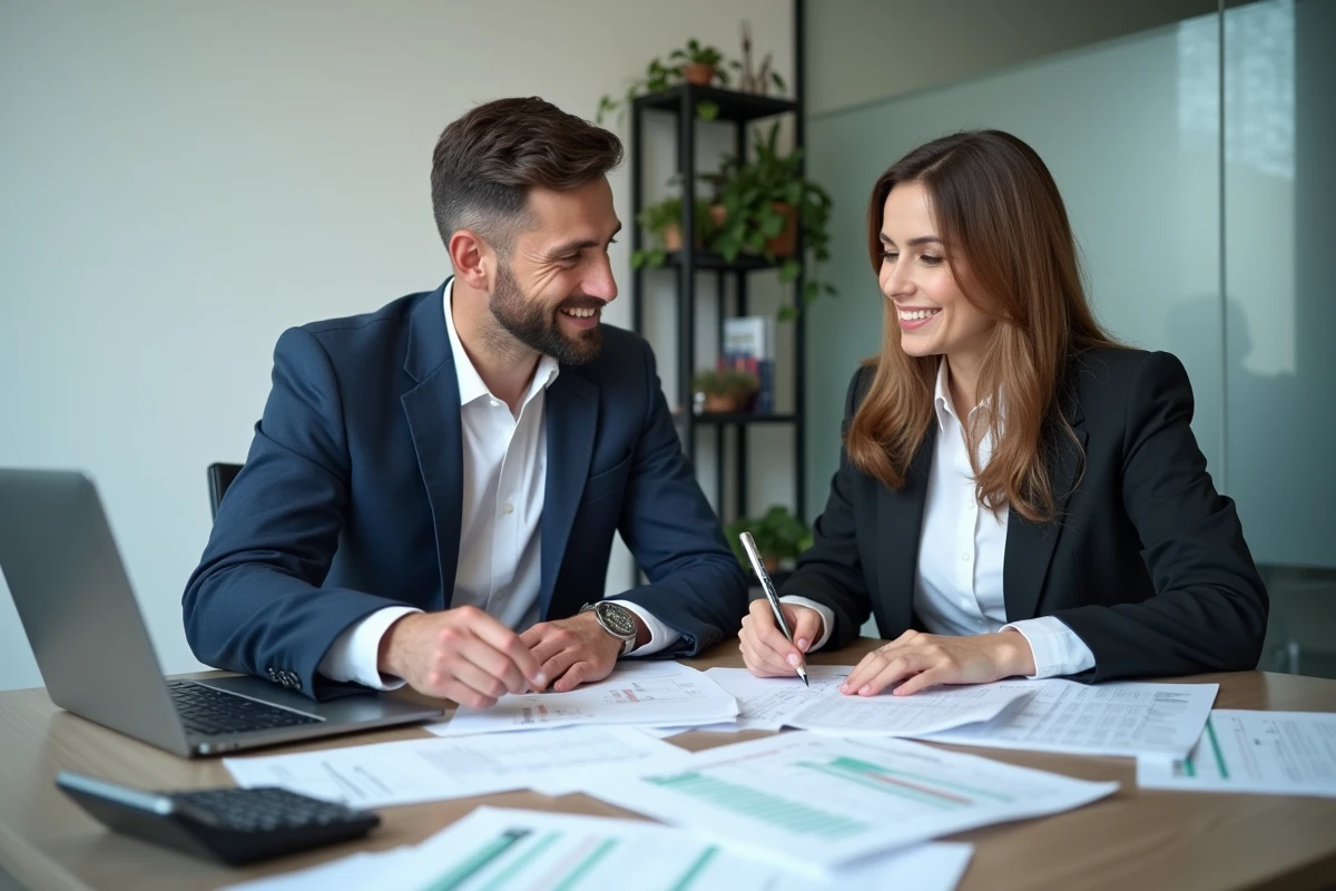 Deux professionnels de la finance analysant ensemble les acomptes IS avant échéance fiscale