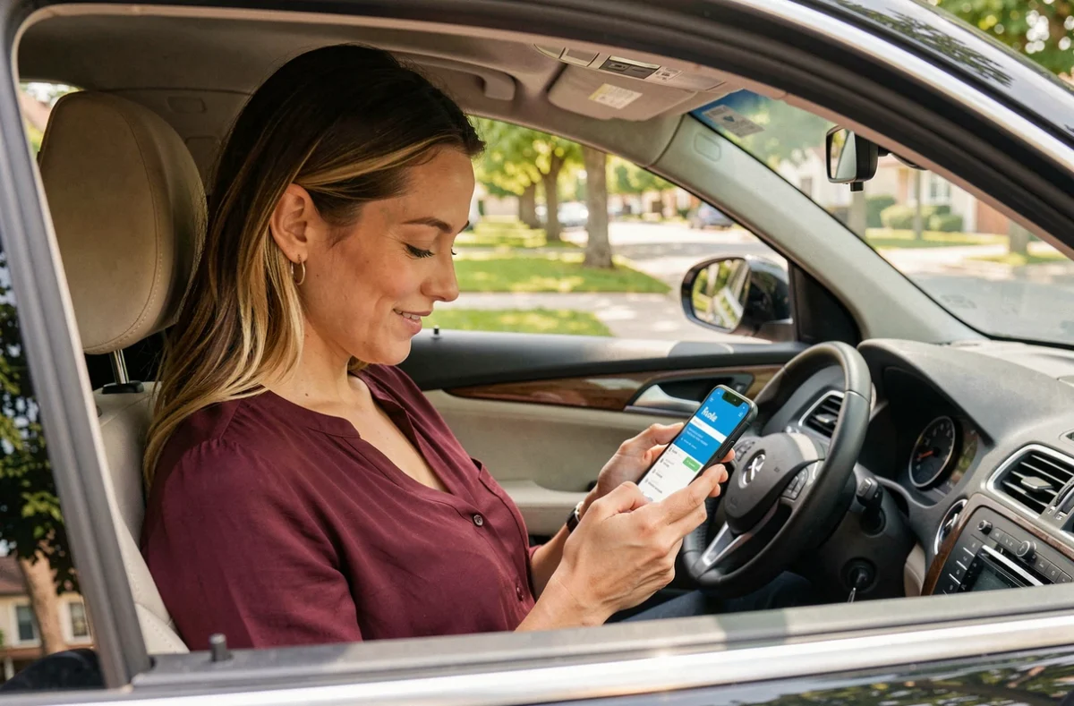 Conductrice utilisant l'application Roole pour gérer son assurance auto depuis son véhicule
