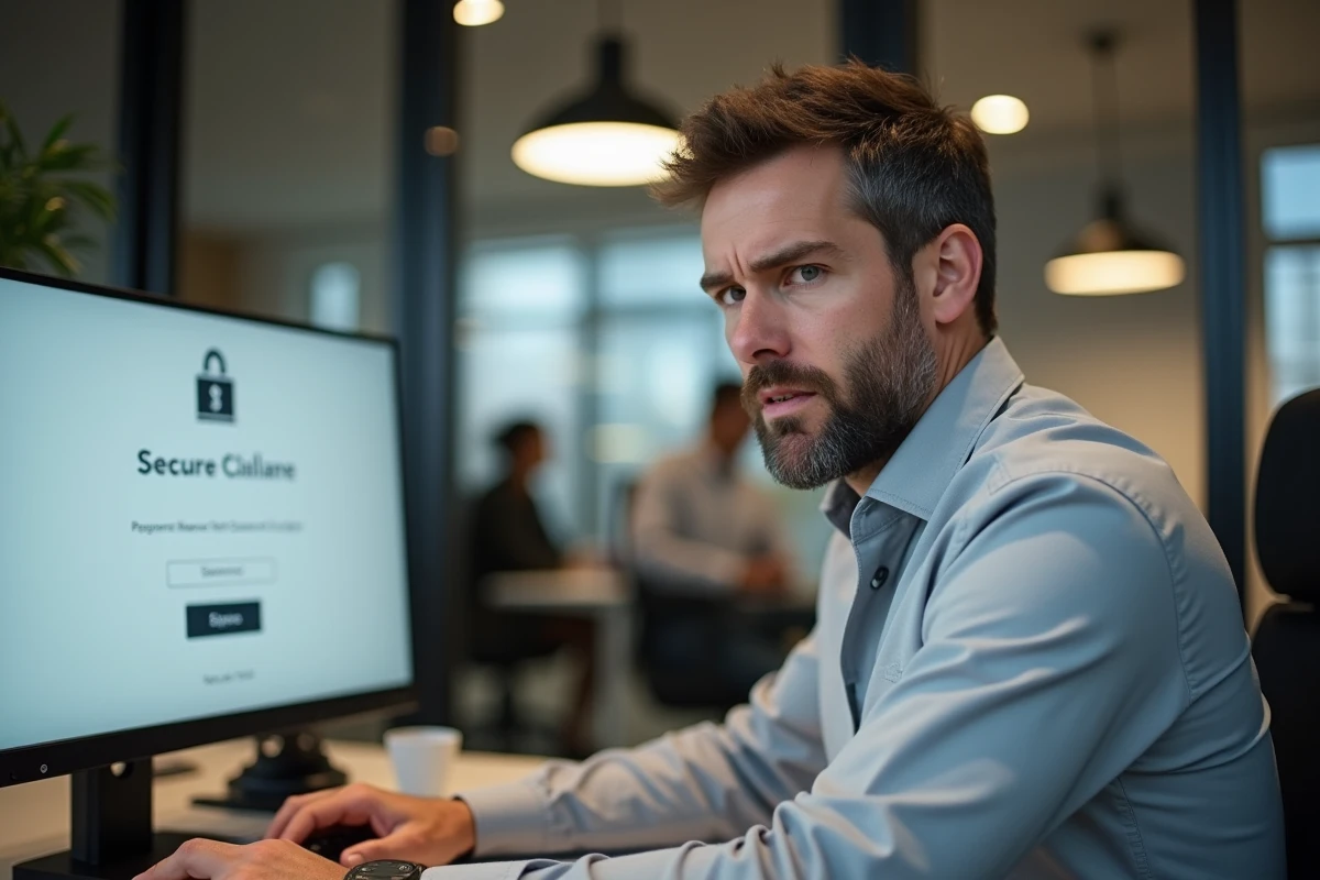 Entrepreneur vérifiant la sécurité de son paiement URSSAF sur ordinateur dans un bureau professionnel