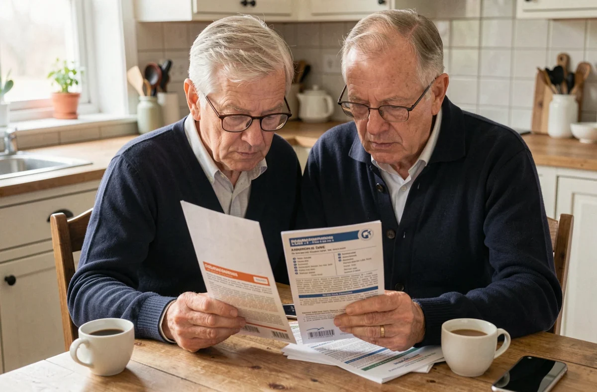 Homme senior comparant deux brochures de mutuelle et complémentaire santé à la maison