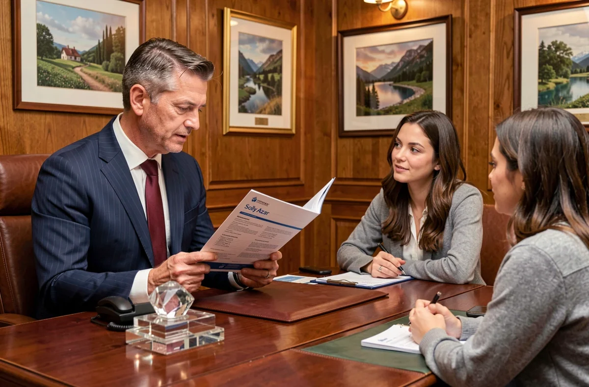 Un conseiller Solly Azar examine un contrat d'assurance emprunteur avec un couple dans un bureau d'agence au décor classique et chaleureux