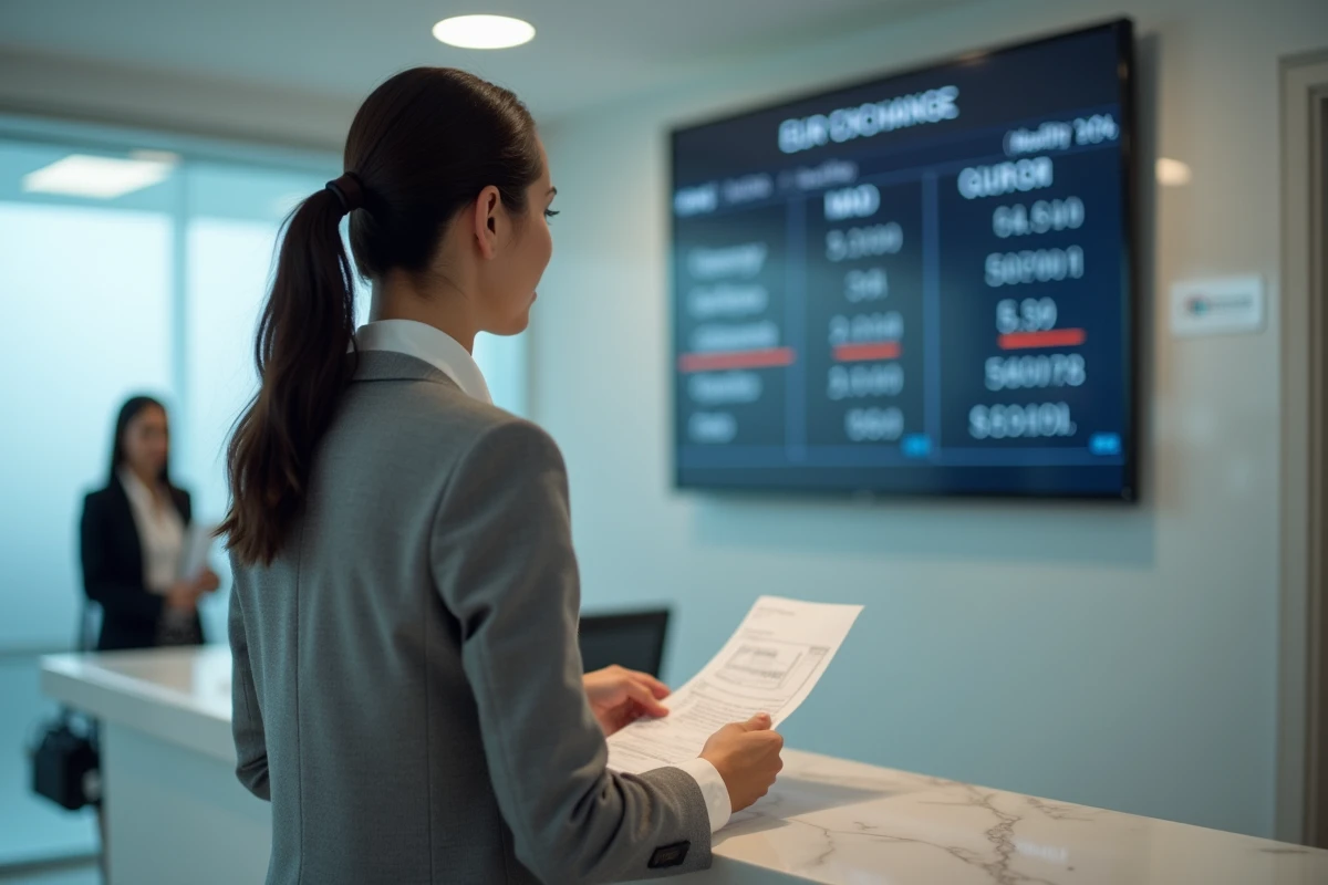 Femme consultant un tableau de taux de change dirhams euros dans une agence bancaire moderne