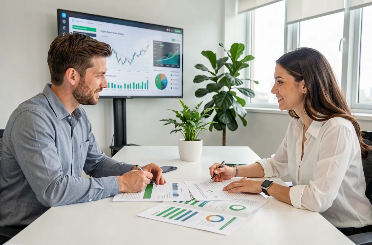 Équipe TerrAgree discutant d'investissements responsables et durables dans un espace de travail moderne
