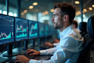 Trader masculin concentré devant plusieurs écrans affichant des graphiques boursiers lors de l'ouverture des marchés financiers