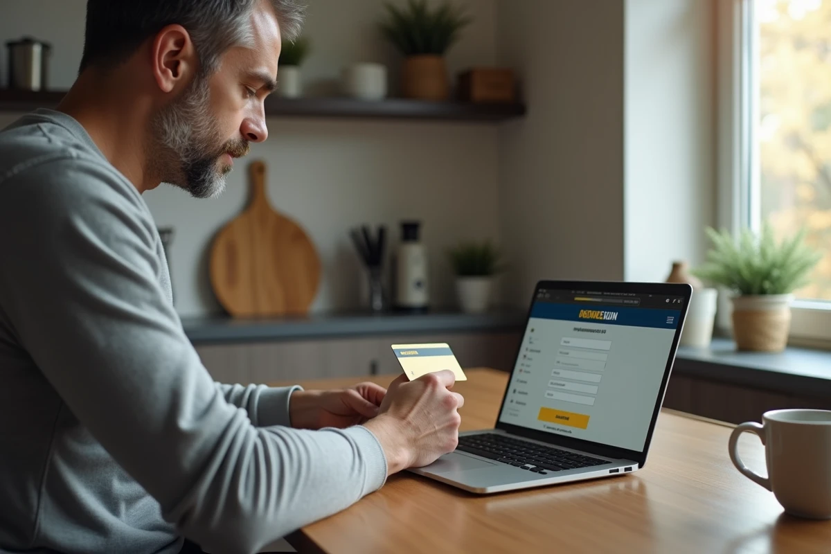 Homme effectuant un transfert d'argent Western Union par carte bancaire en ligne depuis son domicile