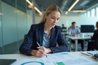 Comptable femme en blazer marine vérifiant des documents fiscaux avant une date d'acompte IS