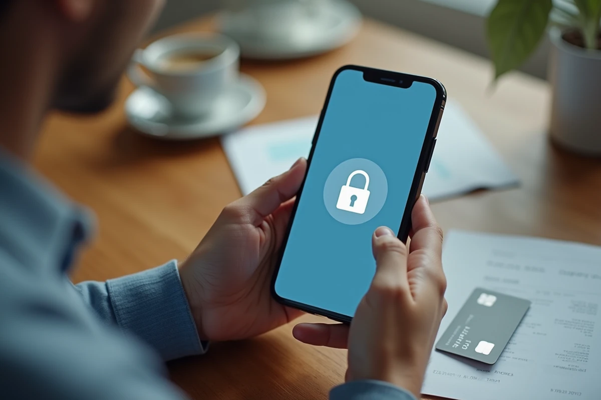 Mains tenant un smartphone affichant un paiement sécurisé URSSAF avec icône cadenas et carte bancaire
