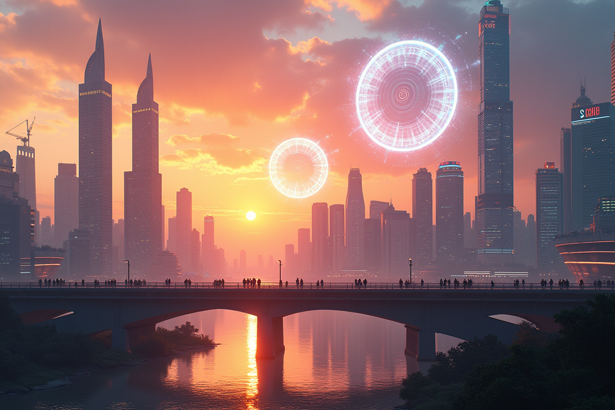 Ciel urbain futuriste avec hologrammes Solana au lever du soleil