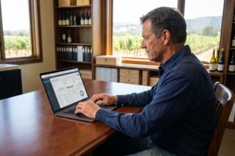 Vigneron au bureau avec ordinateur et bouteilles de vin