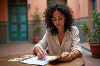 Voyageuse consultant ses notes de change entre dirhams marocains et euros dans un café traditionnel de la médina de Marrakech