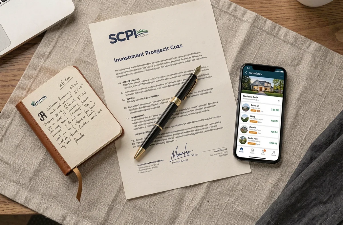 Vue aérienne d'un prospectus SCPI, d'un stylo plume et d'un carnet de notes financières sur un bureau