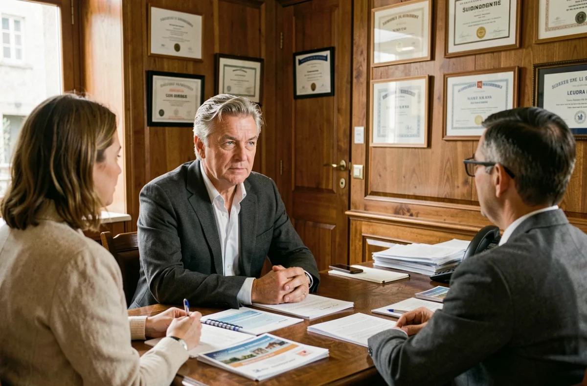 Courtier de Zénith Assurances conseillant un couple dans une agence traditionnelle en Nouvelle-Aquitaine